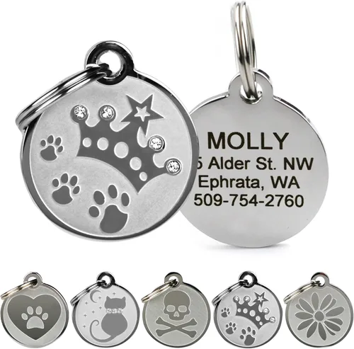 Vista 13 de Placas personalizables para mascotas, de acero inoxidable, para perros y gatos. Grabado personalizable con cuatro líneas de texto, elegante