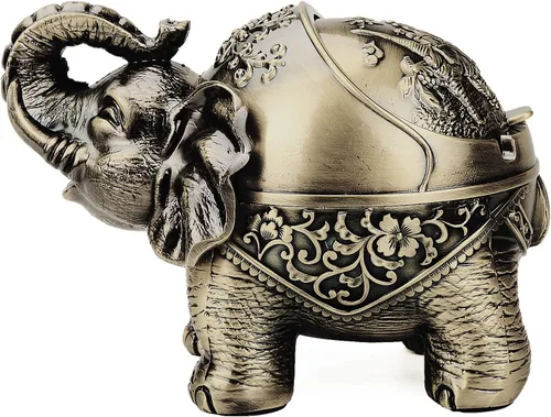 LAUYOO Cenicero de metal con tapa de elefante a prueba de viento, ceniceros al aire libre, cenicero para interiores para malas hierbas, decoración