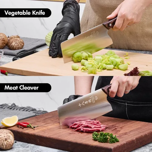 Vista 4 de SHI BA ZI ZUO cuchillo chino de carnicero, cuchillo de carne de 6.7 pulgadas, cortador de acero inoxidable, mango de madera con peso moderado