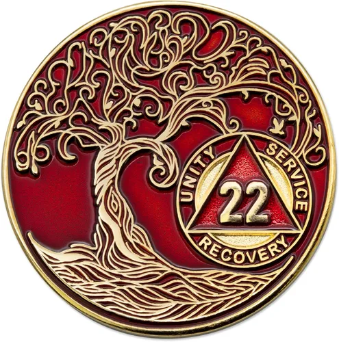 Vista 19 de 1 año Sobriety Mint Twisted Tree of Life Medallón de recuperación AA chapado en oro, chip/ficha - negro