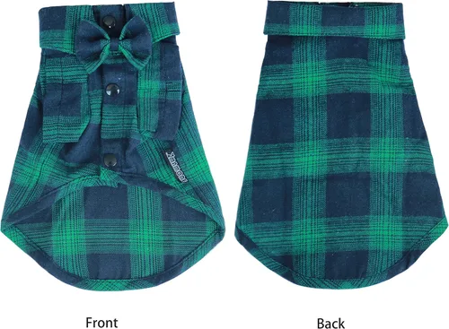 Vista 2 de Camisa a cuadros para perro, ropa suave y casual para mascotas, camisa de algodón para perros con moño para bodas, trajes de Navidad