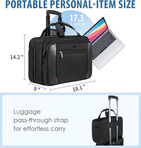 Vista 2 de EMPSIGN Rolling Briefcase Laptop Bag,17.3" Computer bag with wheels, Water Repellent Travel Roller Underseat Bag with RFID Blocking Pocket,Rolling