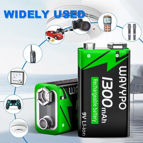 Vista 6 de WAVYPO Paquete de 2 baterías recargables de 9 V de 1300 mAh, baterías de iones de litio de 9 voltios de larga duración con cable de carga rápida