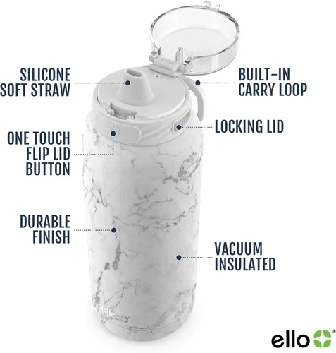 Vista 169 de Ello Cooper Twist - Botella de agua de acero inoxidable de 32 onzas con tapa popote A prueba de fugas Doble pared y aislada al vacío Asa