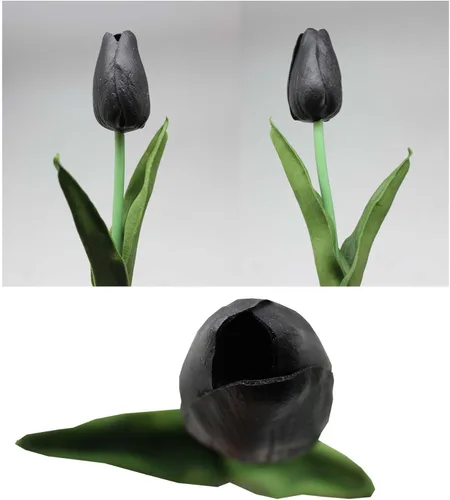 Vista 3 de Flores artificiales, 10 cabezas, mini tulipán artificial de tacto real para decoración del hogar, boda, fiesta, centro de mesa (negro)