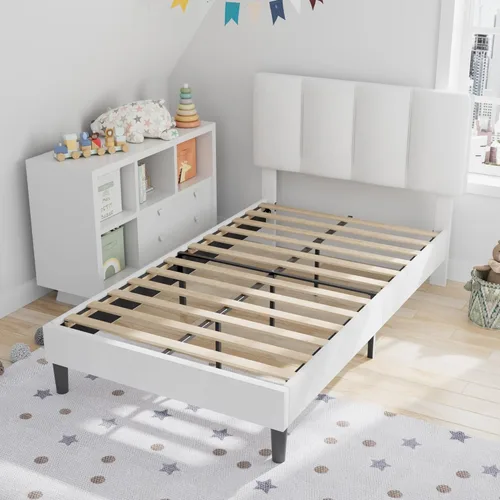 Vista 6 de VECELO - Base de cama tamaño individual con cabecera tapizada, plataforma con soporte de listones de madera de alta resistencia, no necesita somier