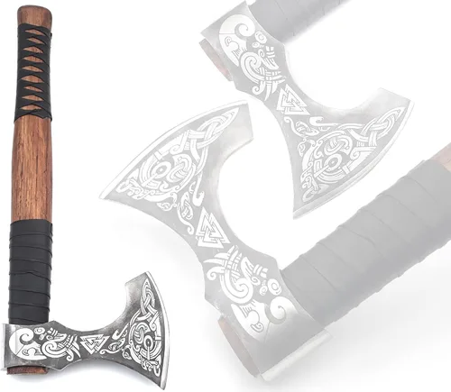 Vista 2 de Hacha Vikinga – Mango de Palisandro de 19 Pulgadas con Funda de Cuero, Hachas de Lanzamiento y Tomahawks, Hacha para Dividir Madera, Bushcraft - ERIK