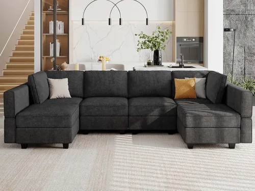 Vista 12 de Belffin Sofá en forma de U Sofá modular reversible de almacenamiento otomano Sofá de 6 plazas sofás grandes Sofá en forma de U Negro