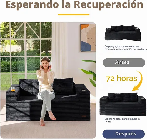 Vista 6 de MAXYOYO Sofá Loveseat sin armazón de 63" para espacios pequeños, mini sofá biplaza de piso con portavasos y almohadas, sofá nube tapizado de 2 Negro