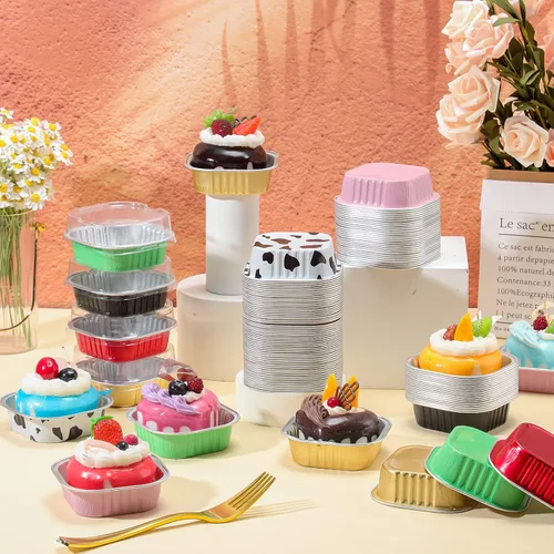 Vista 7 de Zhehao 120 tazas cuadradas de papel de aluminio para hornear, mini moldes para tartas, postres con tapas, forros para muffins, moldes desechables