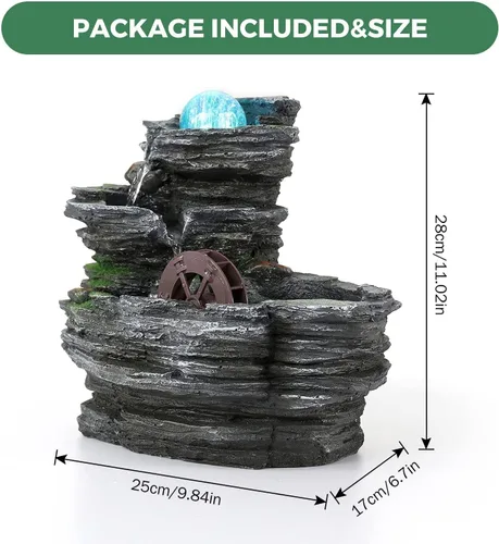 Vista 2 de Fuente de agua de mesa, cascada de meditación de resina ambiental, fuente de escritorio con rueda de agua, función de cascada interior con bola