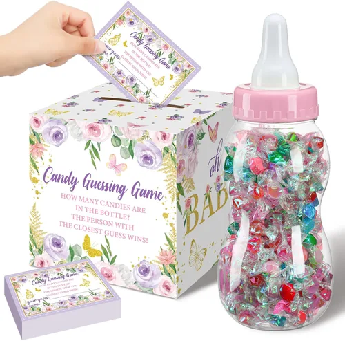 Glenmal Juego de 52 piezas de regalo para juegos de baby shower, biberón grande para juego de ducha, adivina cuántos caramelos, decoraciones para