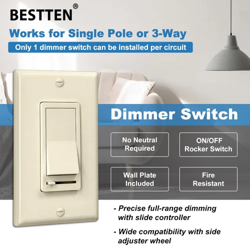 Vista 3 de BESTTEN Paquete de 2 interruptores de luz de pared con atenuador de almendra, compatible con LED regulable, CFL, bombilla incandescente y halógena