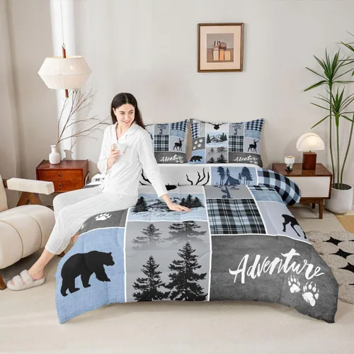 Vista 21 de Manfei Juego de Edredón de Siluetas de Animales con Astas de Ciervo Tamaño Full, Juego de Ropa de Cama de Camuflaje con Cuadros Geométricos de 3