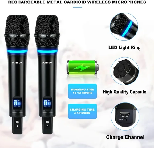 Vista 3 de Sistema de micrófono inalámbrico recargable de 4 canales Pro, auriculares de mano de metal UHF Lavalier Micrófonos de solapa inalámbricos