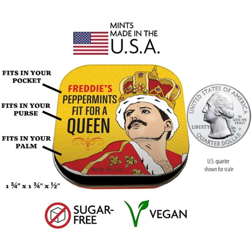 Vista 2 de The Unemployed Philosophers Guild Freddie Mercury's Peppermints Fit For a Queen Breath Mints, 1 lata, peso neto 4 oz (12 g)