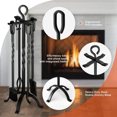 Vista 3 de COMFYHOME Herramientas para Chimenea 5 Piezas, Juego de Herramientas para Chimenea de Hierro Forjado de 32 Pulgadas con Mango Ergonómico, Atizador