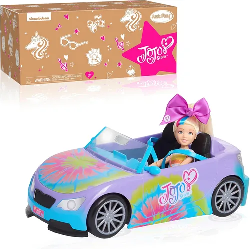 JoJo Siwa California Cruiser, coche de muñeca, teñido anudado arcoíris, se adapta a dos muñecas de moda