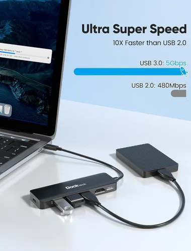 Vista 6 de HUB USB C 4K 60Hz, Adaptador multipuerto USB-C Dockteck 5-en-1 con HDMI 4K, entrega de alimentación de 100 W, 3 puertos de datos USB 3.0
