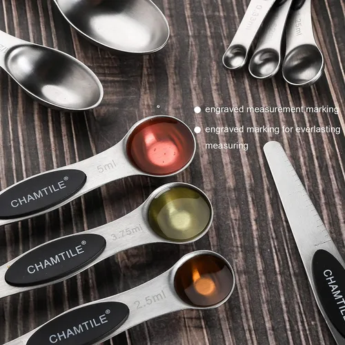 Vista 3 de Juego de 9 cucharas medidoras magnéticas de acero inoxidable de doble cara apilable, cucharada medidora para medir ingredientes secos y líquidos