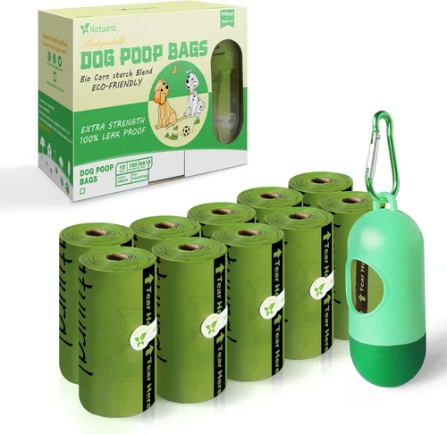 Vista 8 de Bolsas para excrementos de perro, 150 unidades con soporte (10 rollos), bolsas biodegradables, ecológicas y fáciles de abrir, bolsas gruesas
