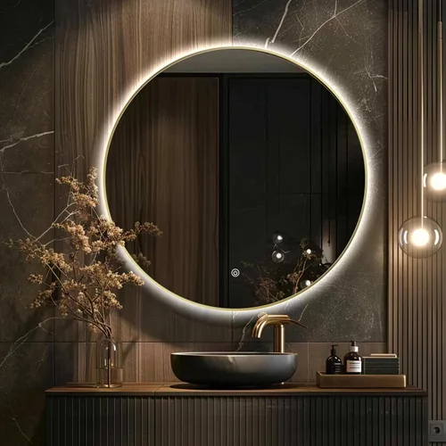 Vista 12 de Espejo de Baño LED Redondo de 30 Pulgadas, Espejo de Tocador Retroiluminado de Pared con Marco Biselado de 45°, Espejo Iluminado para Dormitorio