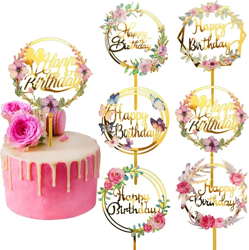 Jetec 6 adornos acrílicos dorados para tartas de cumpleaños, decoración de tartas para varias fiestas de cumpleaños, aniversario, decoración de