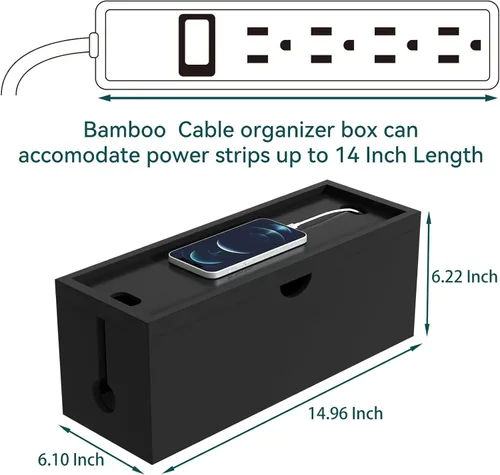 Vista 3 de Caja de organización de cables de bambú, caja organizadora de cables grande para ocultar cables y tiras de alimentación para almacenamiento