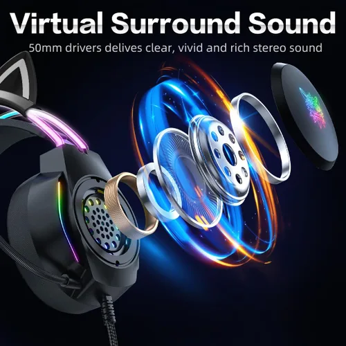 Vista 3 de Auriculares para juegos con micrófono, auriculares con orejas de gato para PC, portátil, PS4, PS5, Xbox, interruptor, iluminación RGB arcoíris