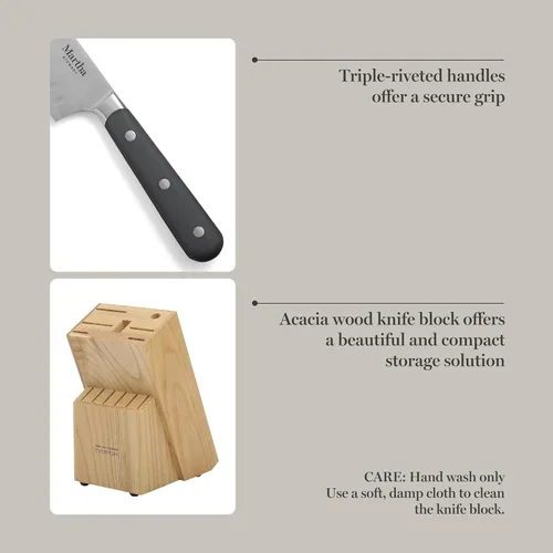 Vista 5 de Martha Stewart Eastwalk Juego de 14 cuchillos de acero inoxidable de alto carbono con mango forjado remachado triple de ABS, bloque de madera de Gris