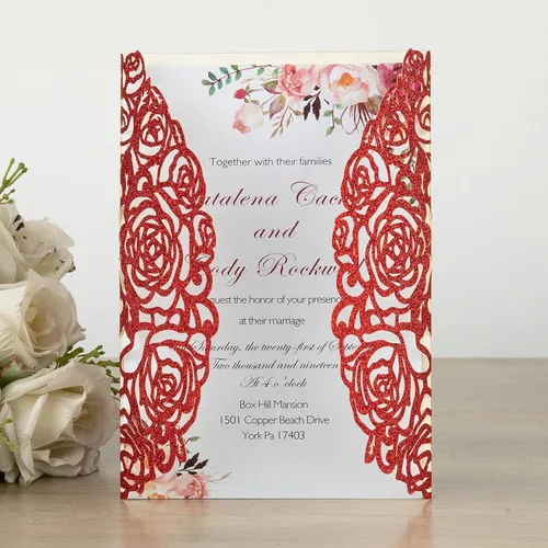 Vista 3 de 50 tarjetas de invitaciones de boda burdeos con sobres de 5 x 7 pulgadas, en blanco, 250 GSM, insertos de papel de pera con purpurina, invitaciones