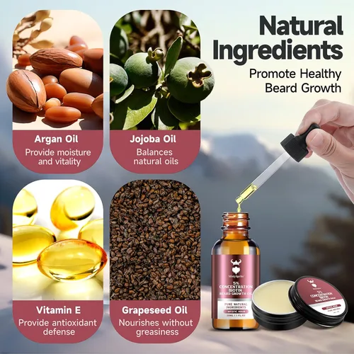 Vista 5 de Kit de crecimiento de barba y bálsamo para barba - Kit de crecimiento de barba con concentración de 5% de biotina para hombres, ingredientes