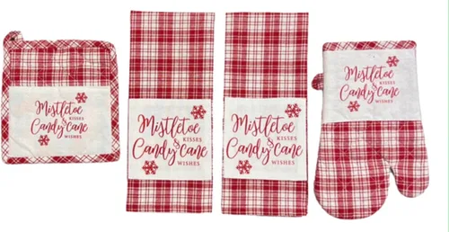 Vista 9 de Paños de Cocina y Agarraderas Navideños - Juego Alegre de Navidad de 4 Piezas 100% Algodón Verde Rojo Blanco - Dos (2) Paños de Cocina, Un (1)