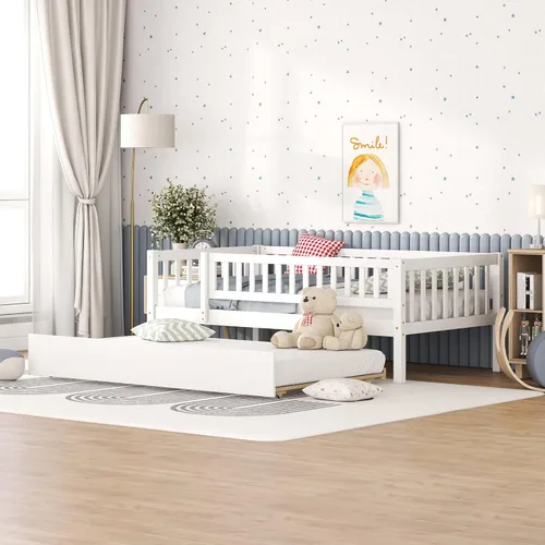 Vista 15 de Harper & Bright Designs Sofá cama individual con nido, marco de cama infantil de madera tamaño individual con valla, cama nido individual
