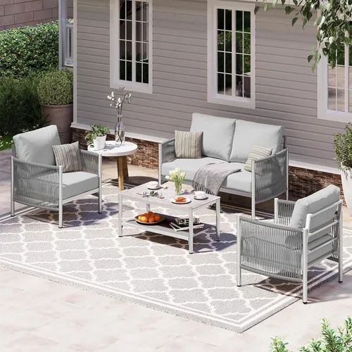 Vista 37 de Sofá de dos plazas de aluminio para patio exterior, sofá de patio de cuerda HDPE con cojín grueso lavable, muebles de patio para todo tipo de clima