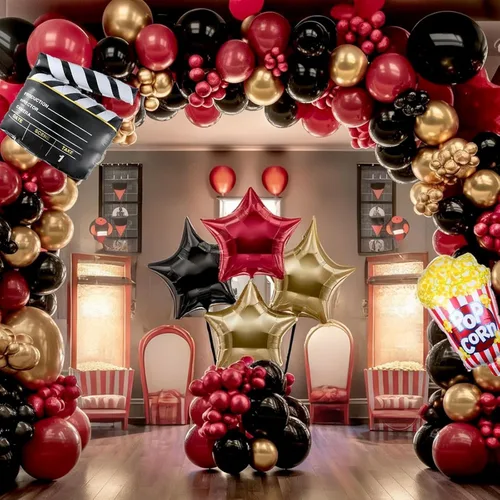 Vista 6 de Kit de arco de guirnalda de globos de noche de película, globos rojos, negros y dorados con globos de papel de aluminio de cámara y estrella, globos