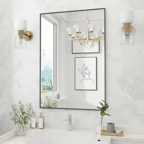 Vista 14 de Koonmi Espejos negros para pared, espejo de baño de 30 x 30 pulgadas, espejo de pared rectangular para sala de estar, dormitorio, baño, se cuelga