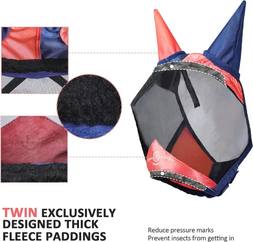 Vista 4 de Harrison Howard Máscara luminosa profesional para mosca de caballo, gran espacio para los ojos, media cara con orejas, protección UV, para caballo