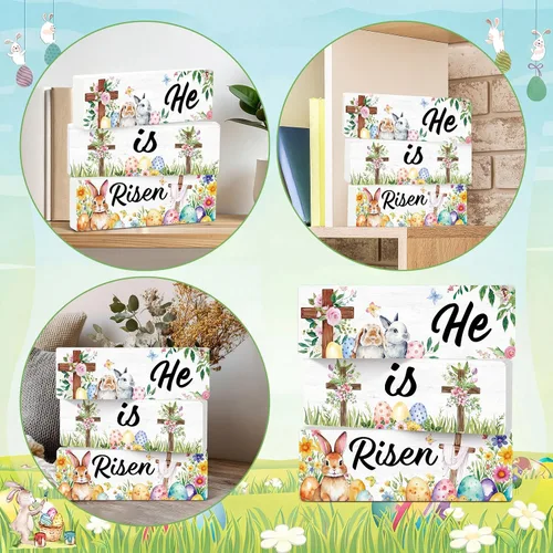 Vista 5 de Qunclay Juego de 3 letreros de mesa de madera con texto en inglés "He is Risen" para decoración de mesa de madera de Pascua, centro de mesa