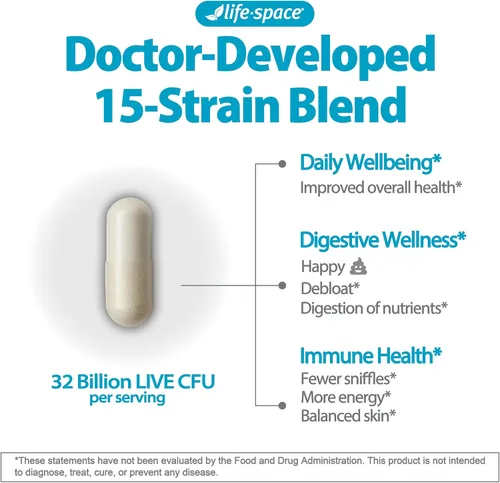 Vista 3 de Life-Space Probióticos de amplio espectro premium, clínicamente probados, 32 mil millones de UFC y 15 cepas diversas, formulados para la salud