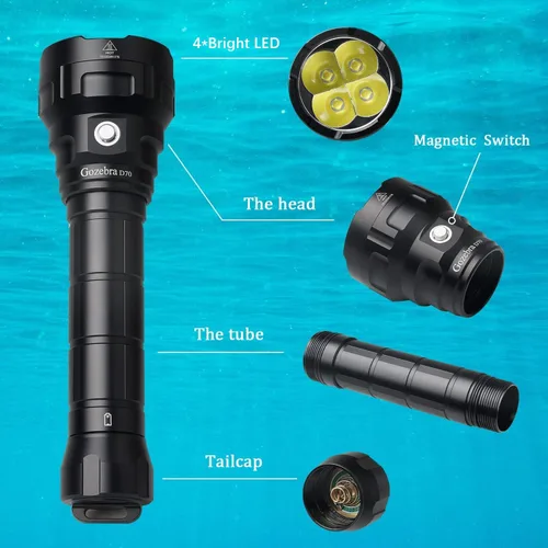 Vista 6 de Luz de buceo, D70 13000 lúmenes súper brillante linterna de buceo, luces de buceo recargables subacuáticas linterna impermeable para bajo el agua