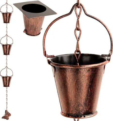 Cadena de lluvia para exterior con adaptador, cadenas de lluvia de hierro forjado de 9 pies, canalón de cadenas de lluvia con cadena de lluvia Marrón