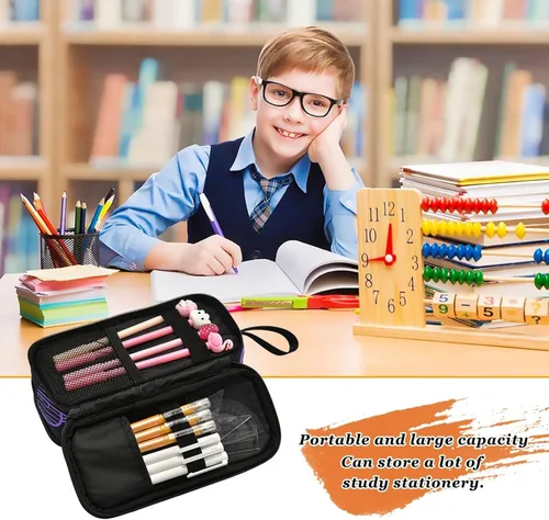 Vista 6 de Nylon Large Pencil Bags Space Planet Purple Black Big Capacity Pen Pencil Case Stationery Organizer for Elementary Women estuche