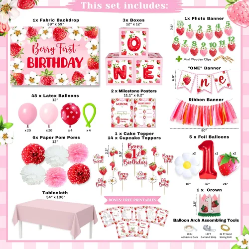 Vista 4 de Juego de decoraciones de primer cumpleaños de bayas de primera calidad, fresa para el primer cumpleaños para niña