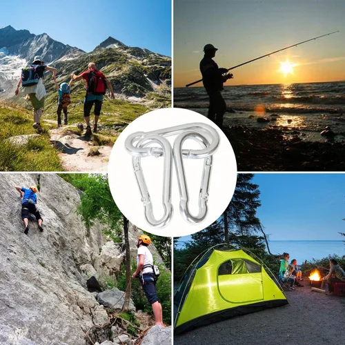 Vista 6 de Mosquetón de acero inoxidable, 60 ganchos de resorte de 1/4 pulgadas, M6 x 2 3/8 pulgadas, pequeños mosquetones resistentes para hamaca, saco