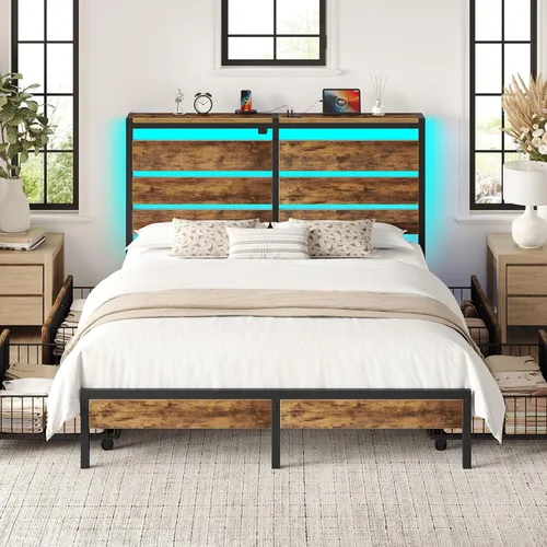 Vista 32 de Rolanstar Base de cama individual con 4 cajones, luces LED y estación de carga, plataforma de metal con cabecera de almacenamiento, sin ruido, fácil