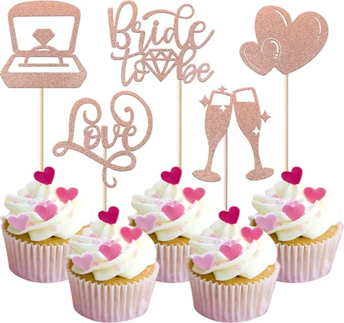 Rsstarxi Paquete de 30 adornos para magdalenas con purpurina champán y corazón, para despedida de soltera, bodas, compromisos, despedidas de