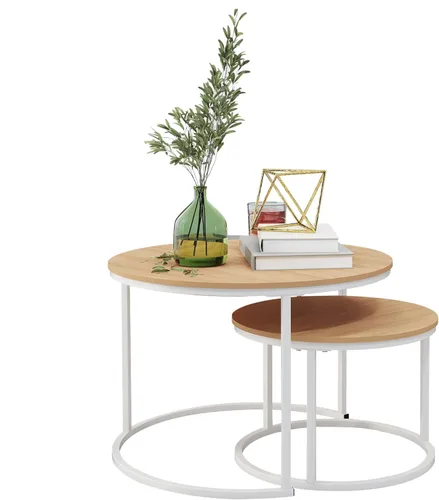 Vista 14 de HOJINLINERO Juego de 2 mesas de café redondas anidables, mesas auxiliares para sala de estar, mesa de café circular y de mármol con estructura