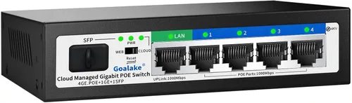 Goalake Switch PoE administrado inteligente fácil de 5 puertos Gigabit y ranura SFP, con 4 puertos Gigabit PoE+@52W, diseño sin ventilador y metal,