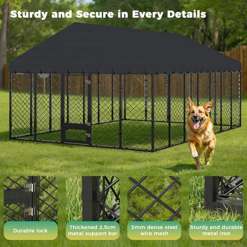 Vista 3 de Perrera resistente para perros de 10 x 14 x 6.4 pies, con doble cerraduras seguras y cubierta de techo impermeable y resistente a los rayos UV